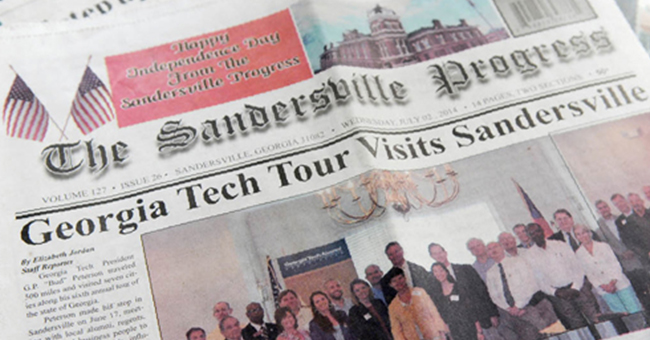 Newspaper The Sandersville Progress headline reads "Georgia Tech Tour Visits Sandersville"