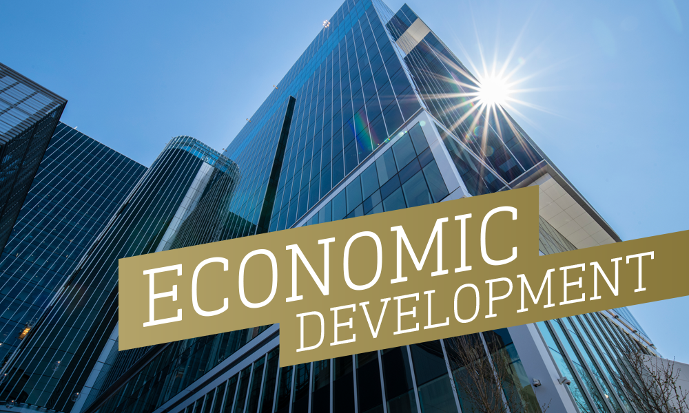 Economic Development graphic, with Coda Building on Tech Square